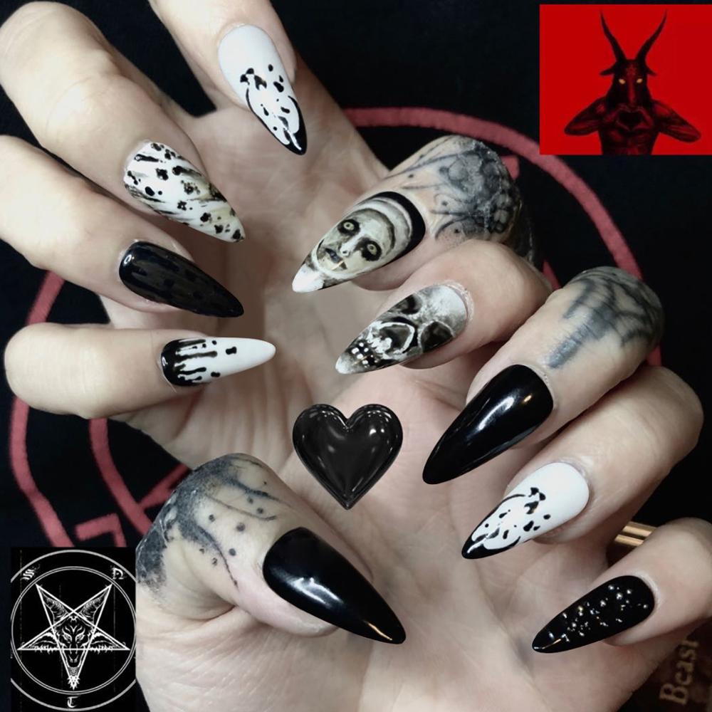 24pc/Box press on nails halloween Dark black Punk Ghost head tip nail pre design acrylic nail tip Full Cover Fake Nail Basso & Brooke