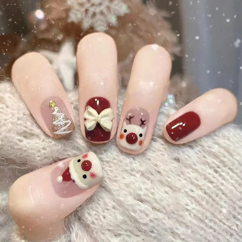 24pc Christmas pattern false nails Cute Short Wearable  Santa Claus Christmas tree bells decorations ballet Fake Nails with glue Basso & Brooke