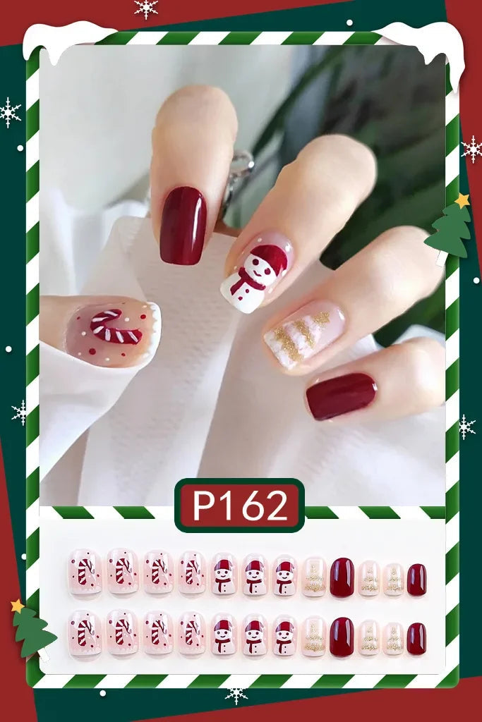 24pc Christmas pattern false nails Cute Short Wearable Santa Claus Christmas tree bells decorations ballet Fake Nails with glue P162