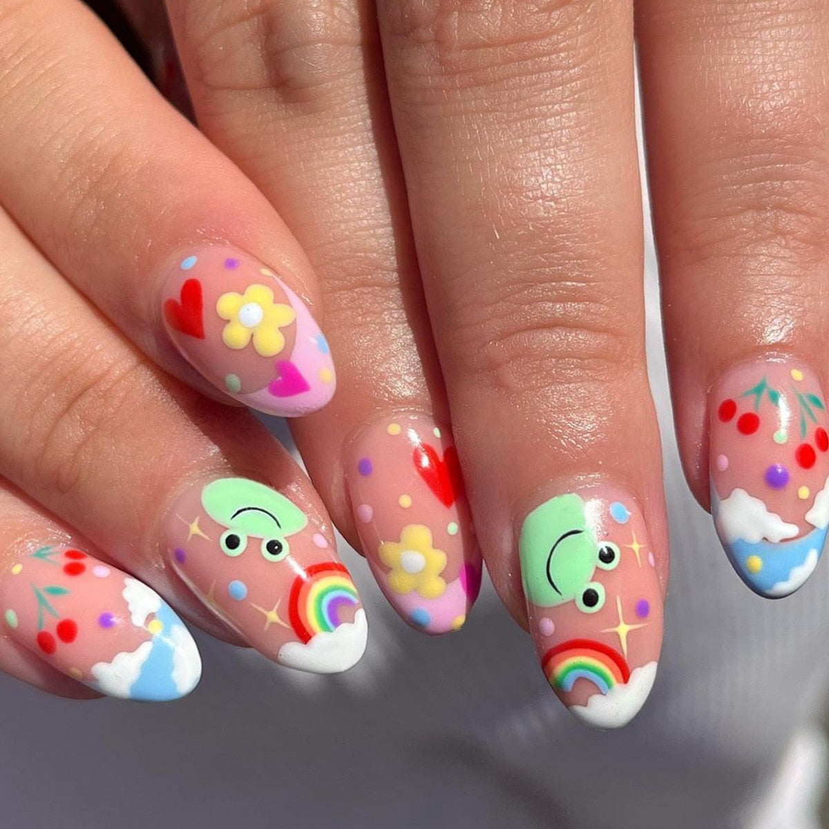 24pc Wearable Almond false nails with colorful rainbow design French ballet press on nails short artificial fake nails with glue Basso & Brooke