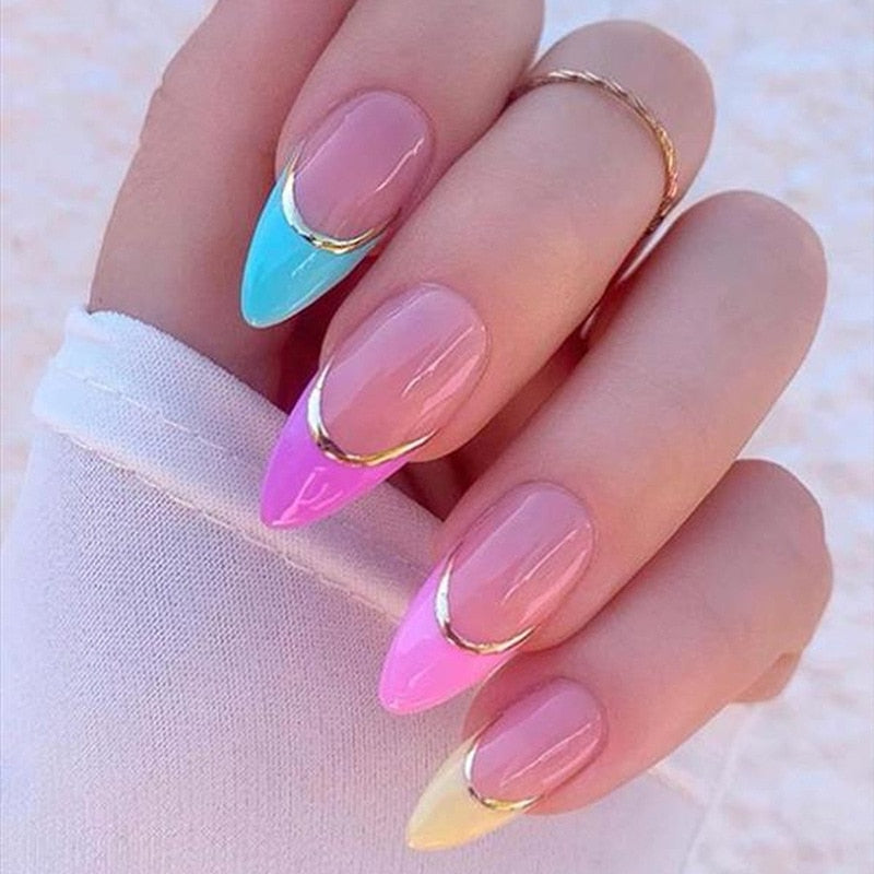 24pc detachable long Stiletto fake nails with Glitter designs french false nails with glue artificial press on nails almond long BKS1657