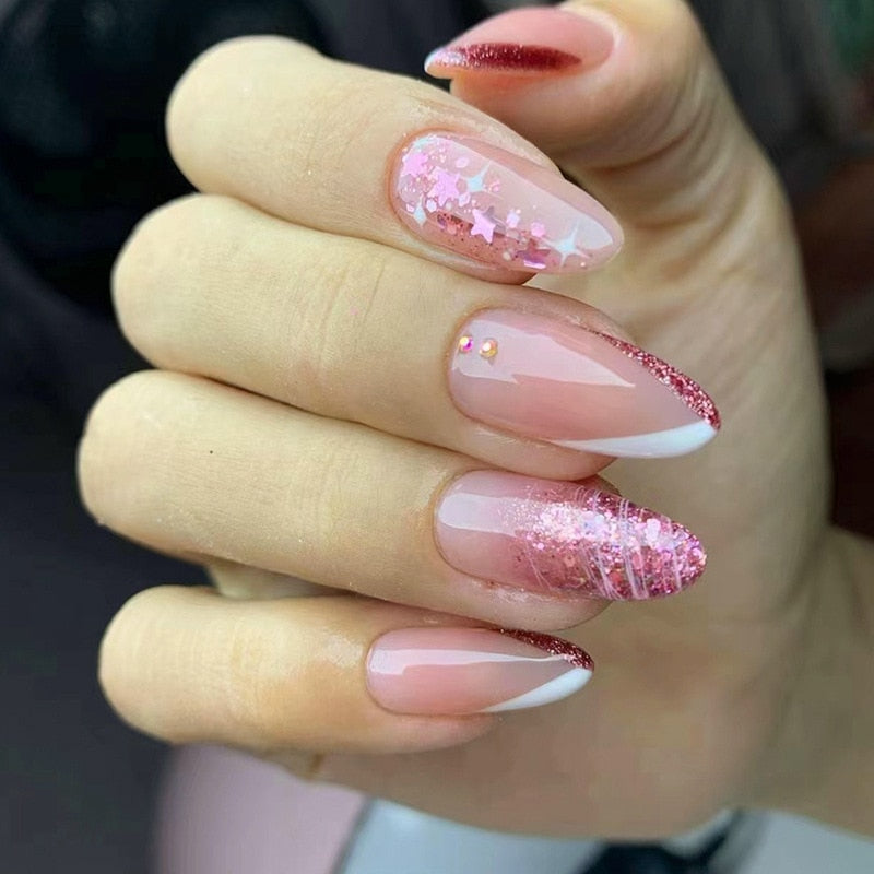 24pc detachable long Stiletto fake nails with Glitter designs french false nails with glue artificial press on nails almond long 685