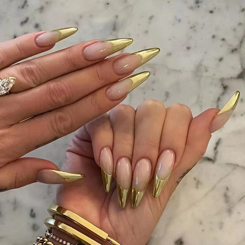 24pc detachable long Stiletto fake nails with Glitter designs french false nails with glue artificial press on nails almond long 307