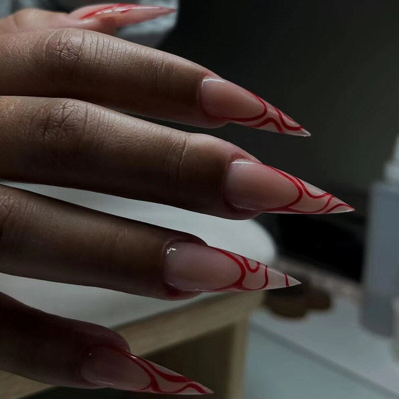 24pc detachable long Stiletto fake nails with Glitter designs french false nails with glue artificial press on nails almond long 798