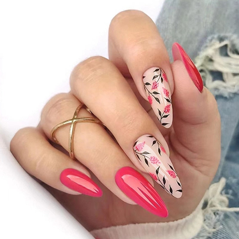 24pc detachable long Stiletto fake nails with Glitter designs french false nails with glue artificial press on nails almond long 447