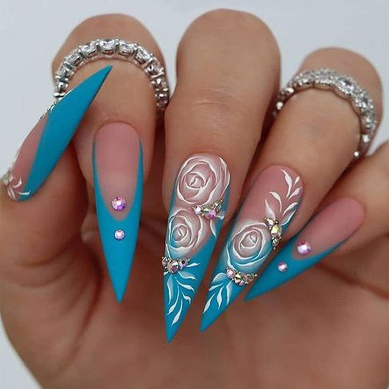 24pc detachable long Stiletto fake nails with Glitter designs french false nails with glue artificial press on nails almond long BKS1707