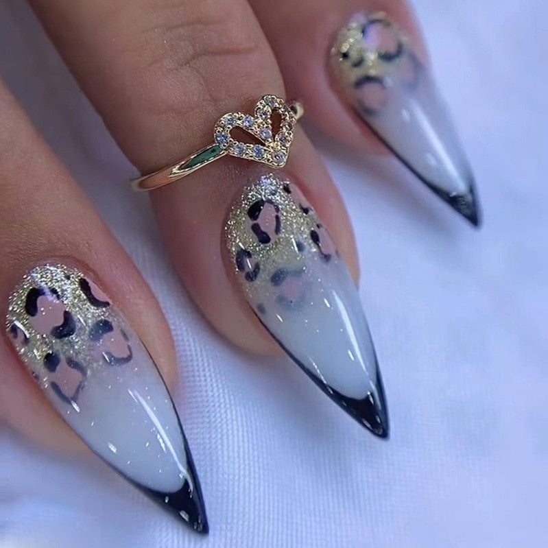 24pc detachable long Stiletto fake nails with Glitter designs french false nails with glue artificial press on nails almond long 809