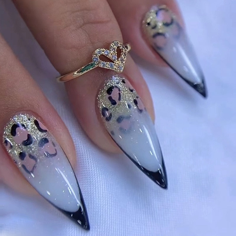 24pc detachable long Stiletto fake nails with Glitter designs french false nails with glue artificial press on nails almond long 809