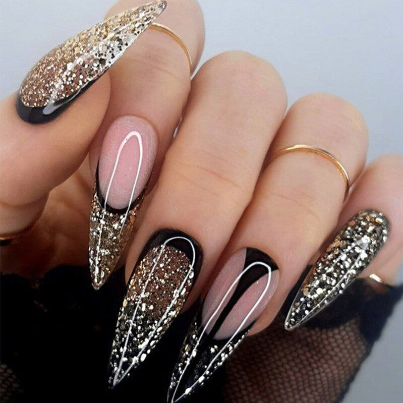 24pc detachable long Stiletto fake nails with Glitter designs french false nails with glue artificial press on nails almond long BKS1526