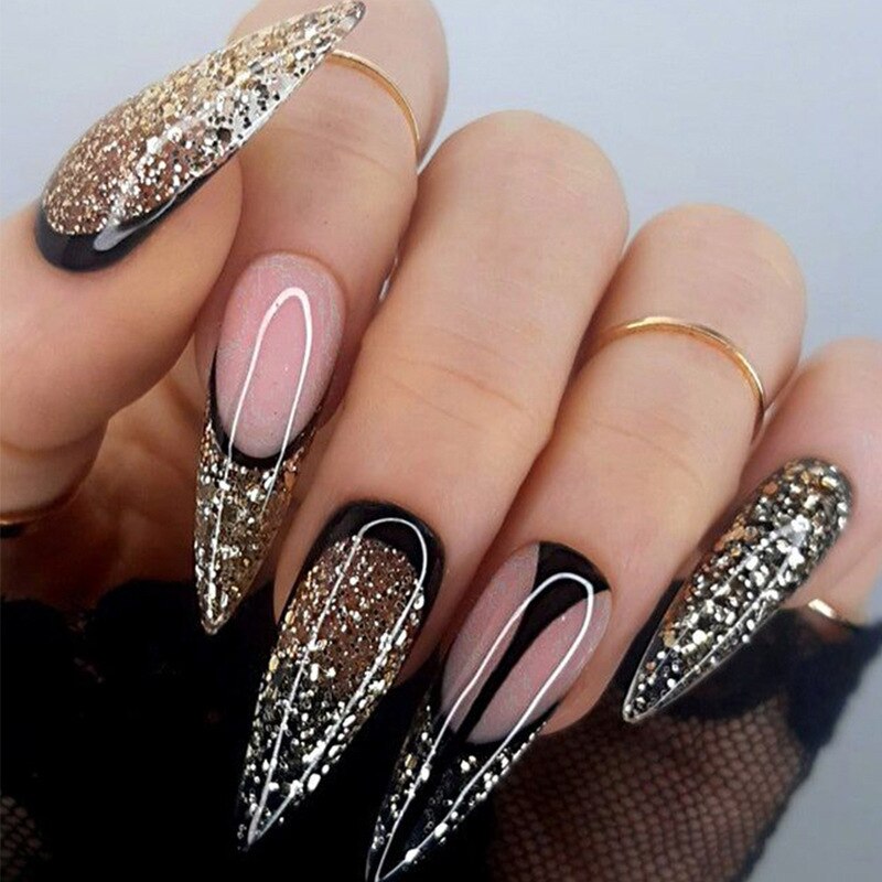 24pc detachable long Stiletto fake nails with Glitter designs french false nails with glue artificial press on nails almond long BKS1526