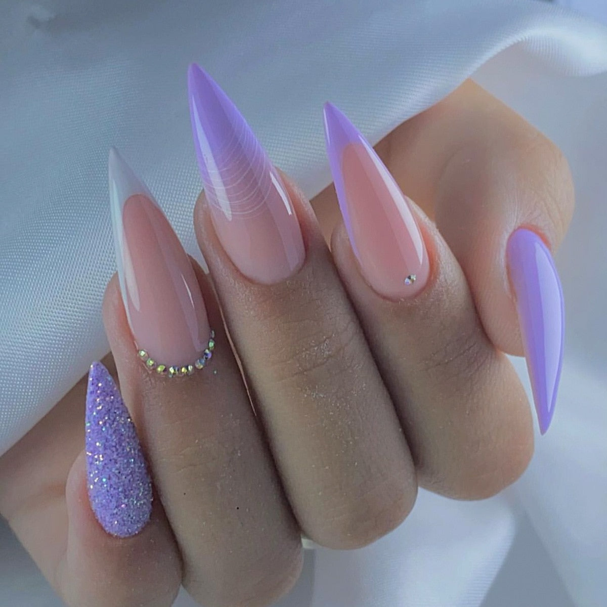 24pc detachable long Stiletto fake nails with Glitter designs french false nails with glue artificial press on nails almond long XY-30-10
