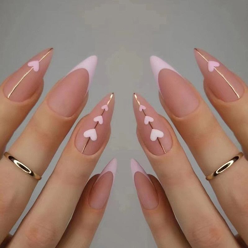 24pc detachable long Stiletto fake nails with Glitter designs french false nails with glue artificial press on nails almond long 312