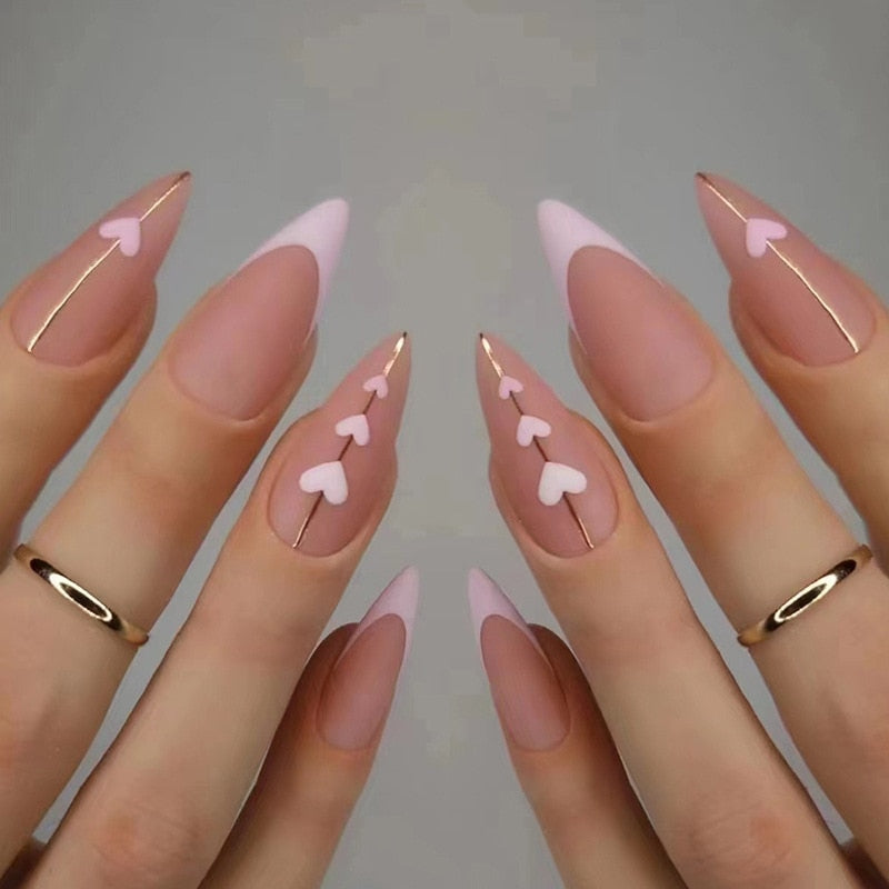 24pc detachable long Stiletto fake nails with Glitter designs french false nails with glue artificial press on nails almond long 312