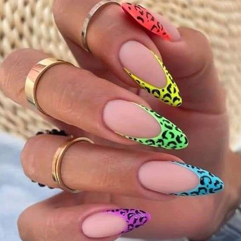 24pc detachable long Stiletto fake nails with Glitter designs french false nails with glue artificial press on nails almond long BKS1709