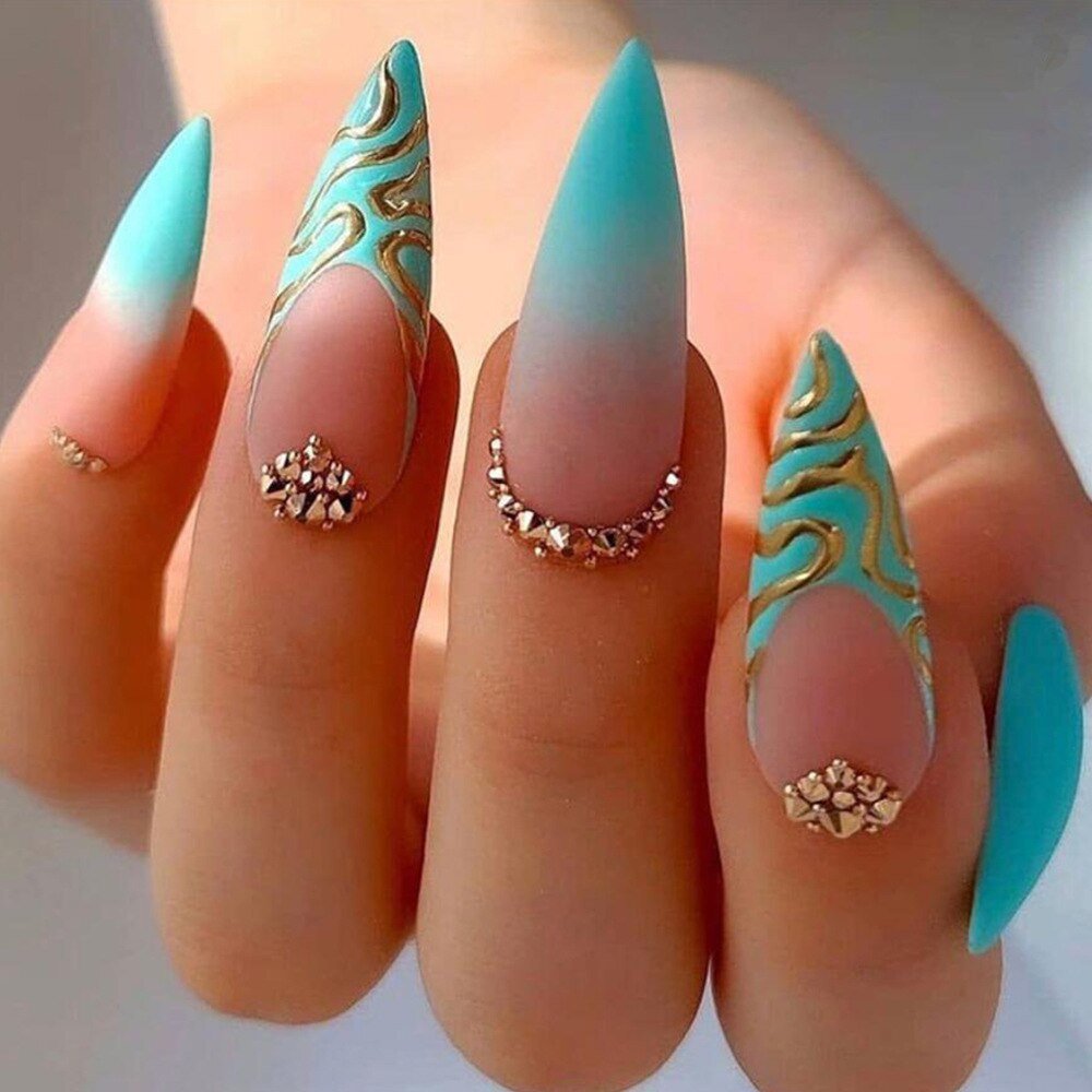 24pc detachable long Stiletto fake nails with Glitter designs french false nails with glue artificial press on nails almond long 3008