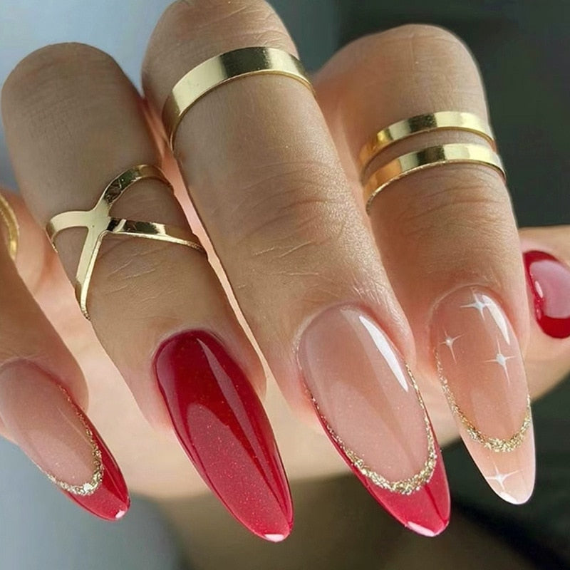 24pc detachable long Stiletto fake nails with Glitter designs french false nails with glue artificial press on nails almond long 767