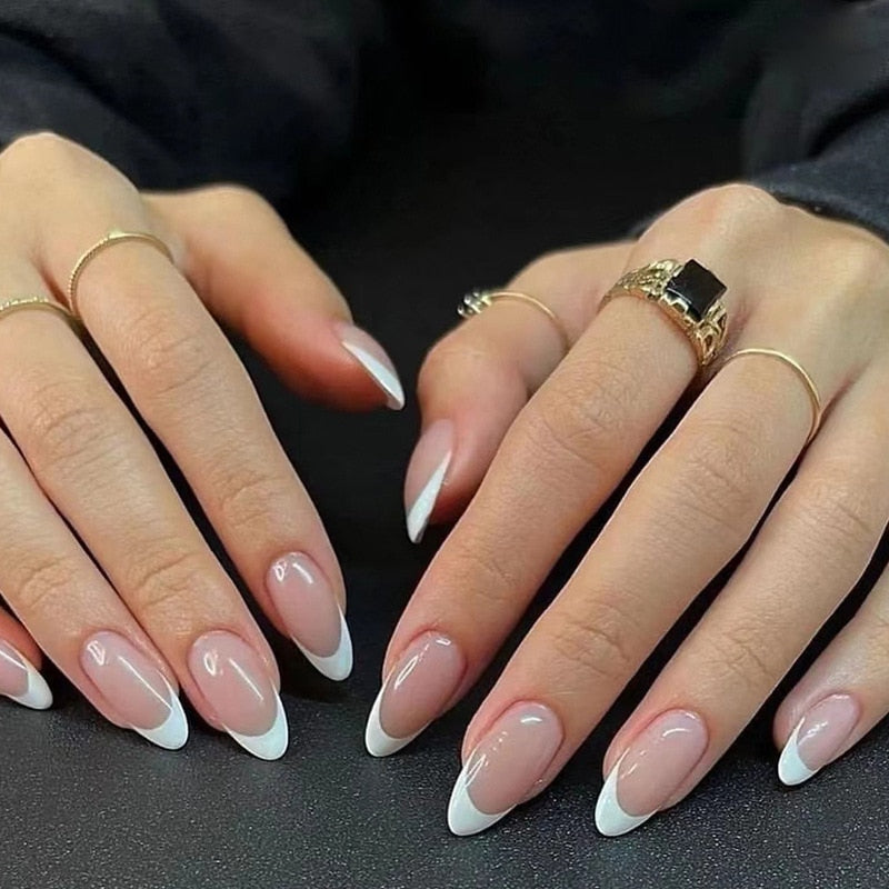 24pc detachable long Stiletto fake nails with Glitter designs french false nails with glue artificial press on nails almond long 249