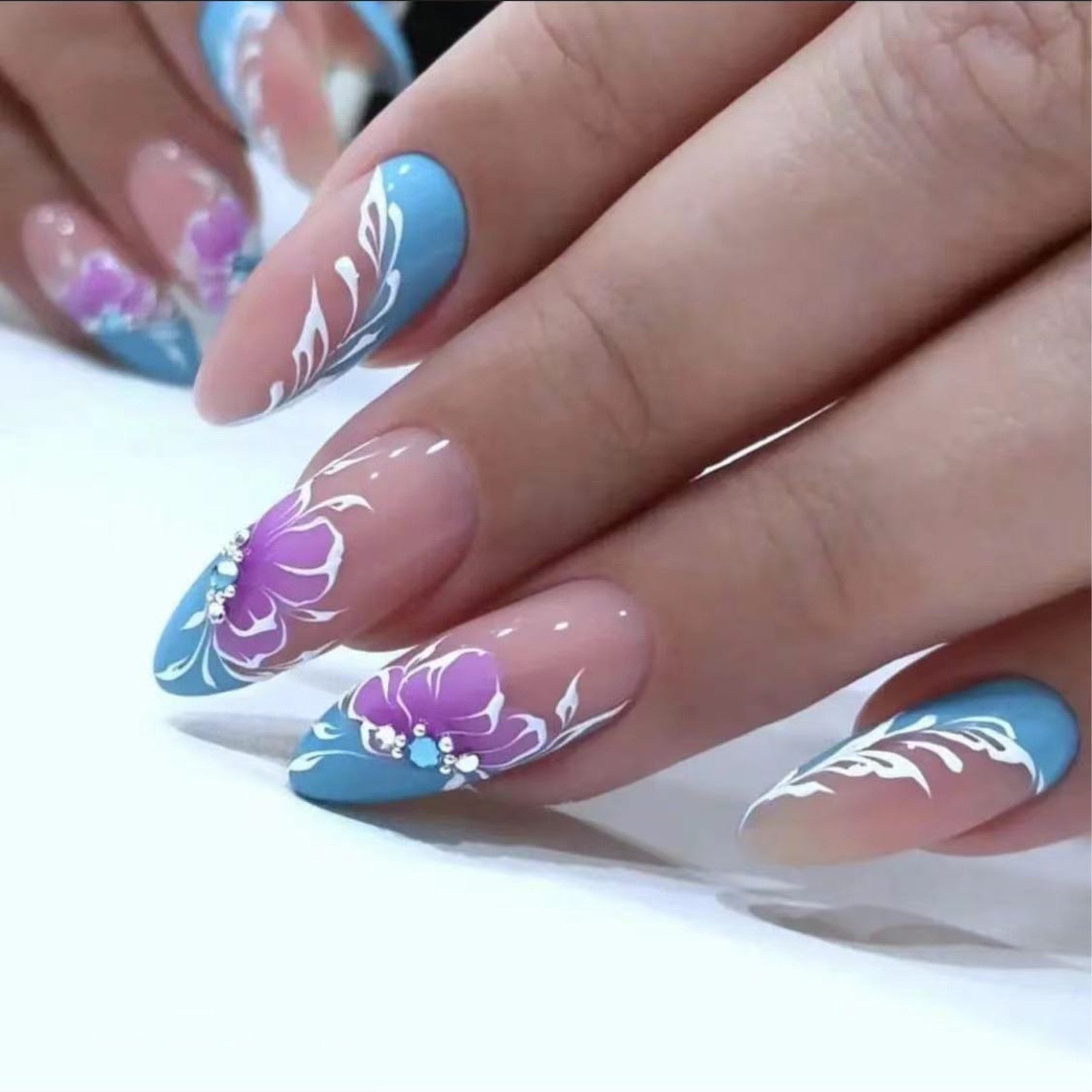 24pc detachable long Stiletto fake nails with Glitter designs french false nails with glue artificial press on nails almond long XR-02