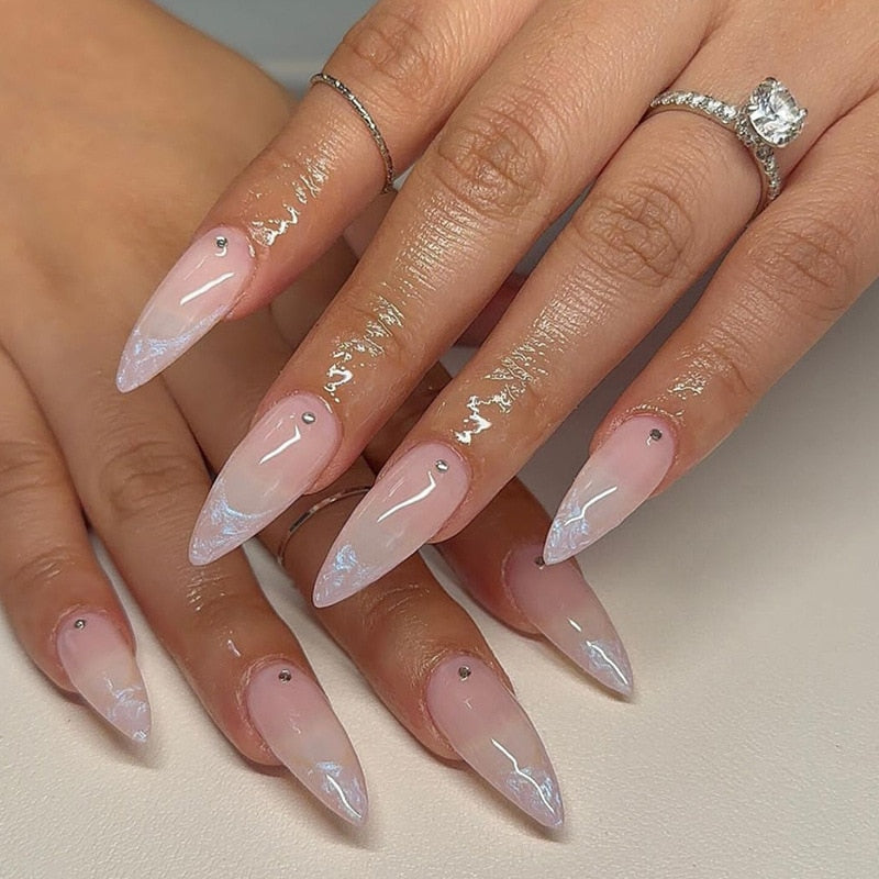 24pc detachable long Stiletto fake nails with Glitter designs french false nails with glue artificial press on nails almond long 712 1