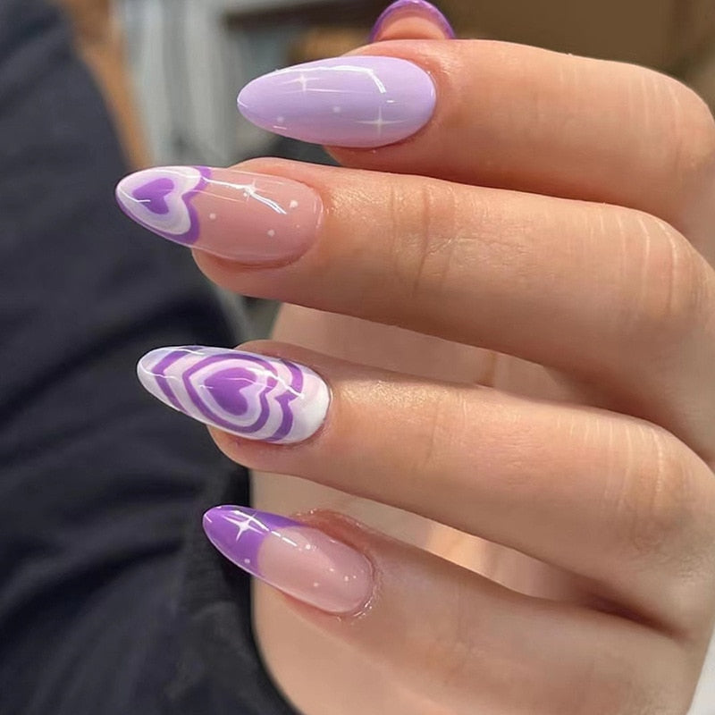 24pc detachable long Stiletto fake nails with Glitter designs french false nails with glue artificial press on nails almond long 716