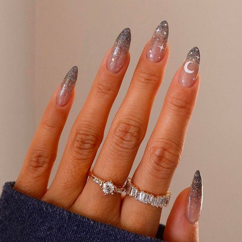 24pc detachable long Stiletto fake nails with Glitter designs french false nails with glue artificial press on nails almond long 41