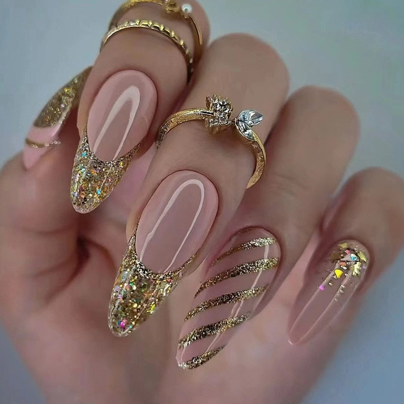 24pc detachable long Stiletto fake nails with Glitter designs french false nails with glue artificial press on nails almond long 913