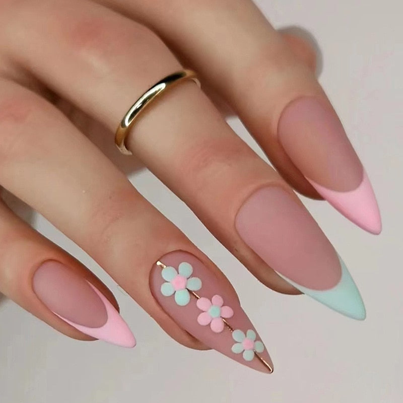 24pc detachable long Stiletto fake nails with Glitter designs french false nails with glue artificial press on nails almond long 457