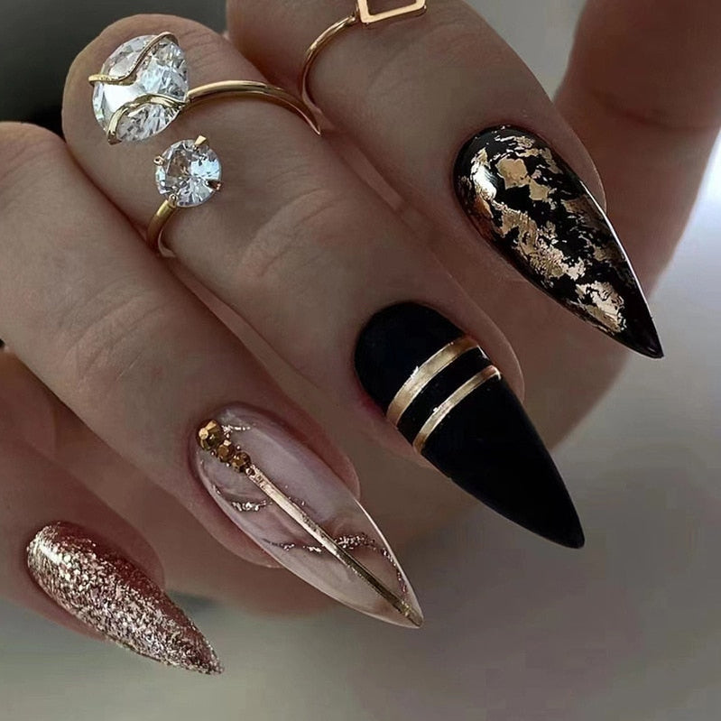 24pc detachable long Stiletto fake nails with Glitter designs french false nails with glue artificial press on nails almond long Basso & Brooke