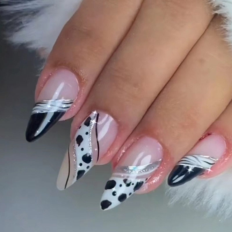 24pc detachable long Stiletto fake nails with Glitter designs french false nails with glue artificial press on nails almond long 863