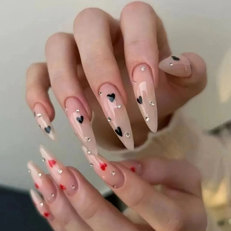 24pc detachable long Stiletto fake nails with Glitter designs french false nails with glue artificial press on nails almond long 692