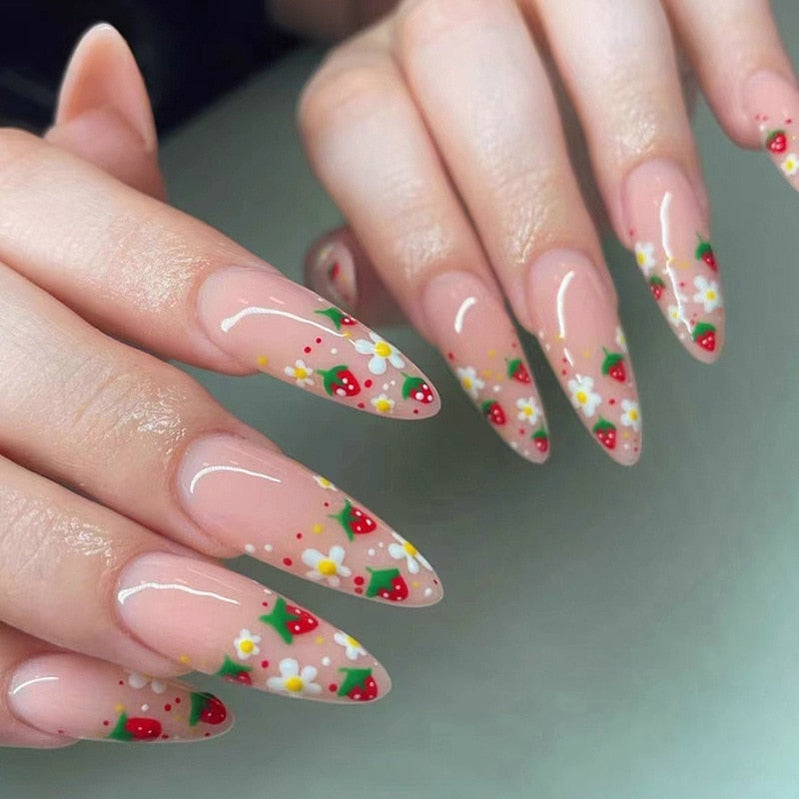 24pc detachable long Stiletto fake nails with Glitter designs french false nails with glue artificial press on nails almond long 835