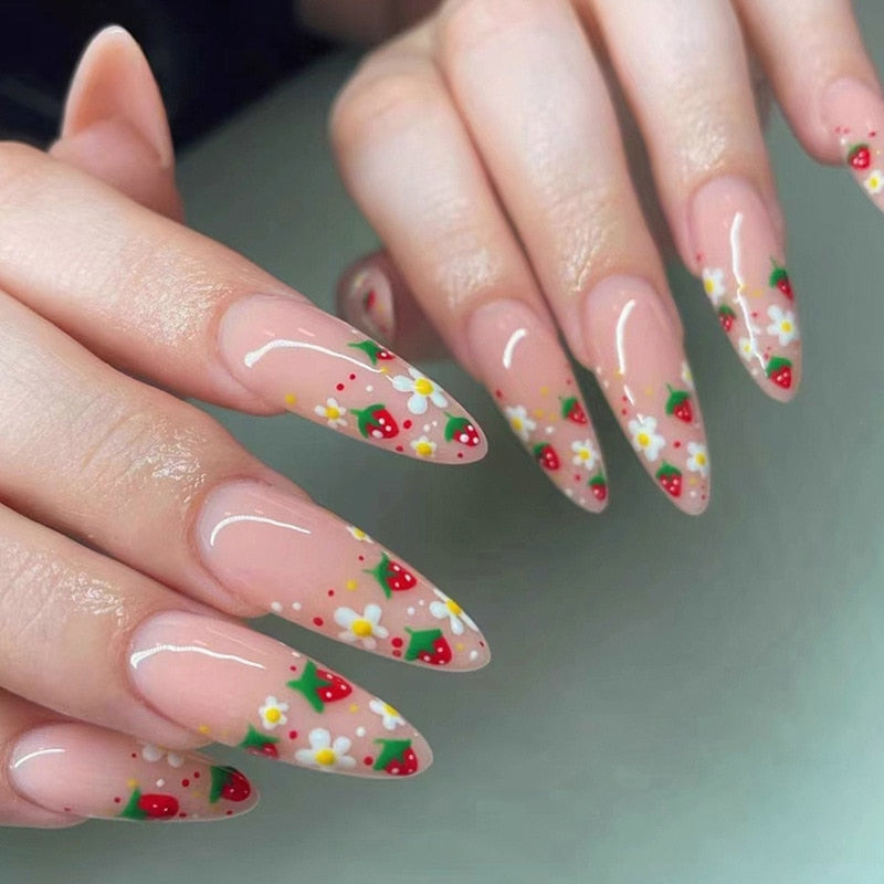 24pc detachable long Stiletto fake nails with Glitter designs french false nails with glue artificial press on nails almond long 835