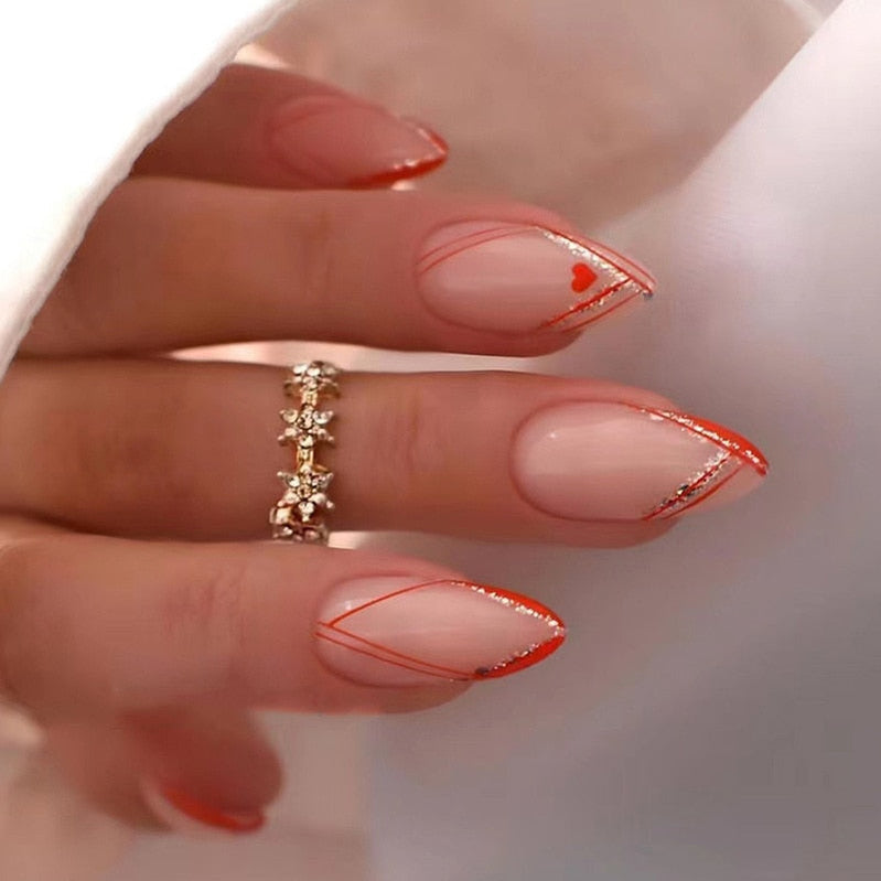 24pc detachable long Stiletto fake nails with Glitter designs french false nails with glue artificial press on nails almond long 306