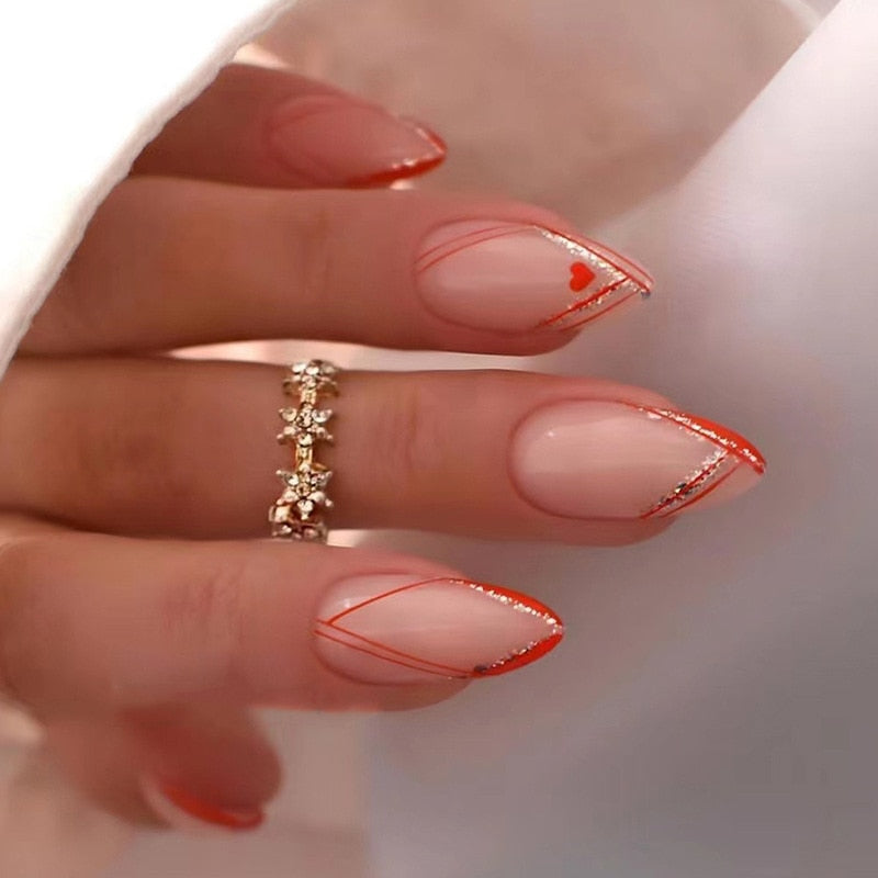 24pc detachable long Stiletto fake nails with Glitter designs french false nails with glue artificial press on nails almond long 306
