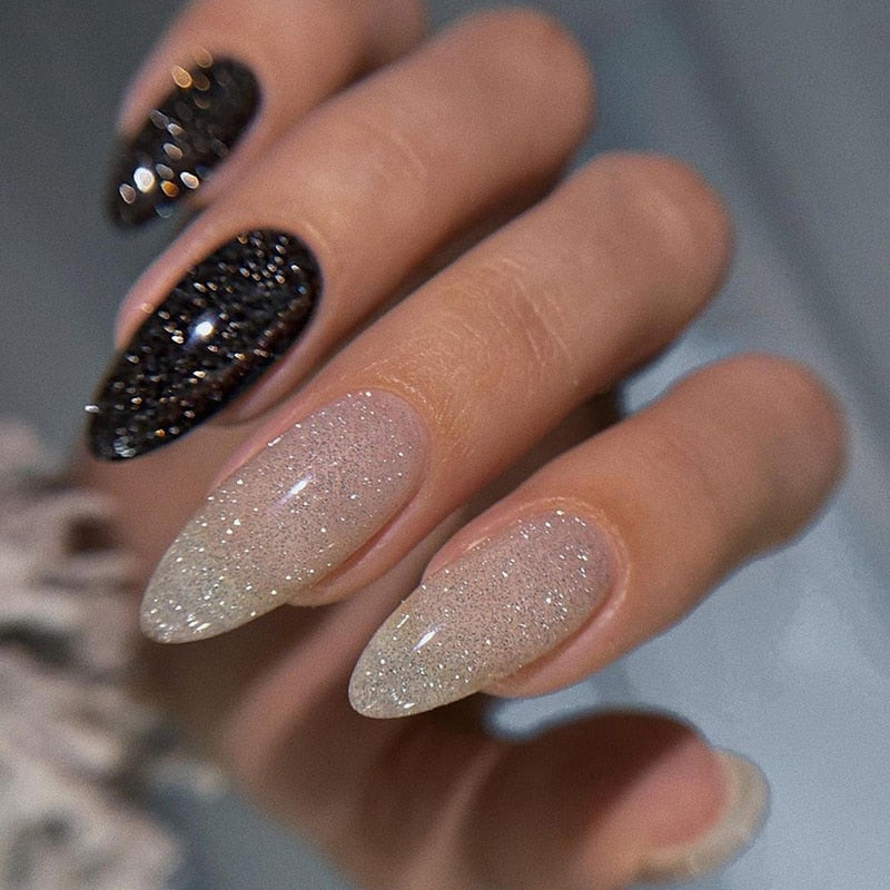 24pc detachable long Stiletto fake nails with Glitter designs french false nails with glue artificial press on nails almond long 581