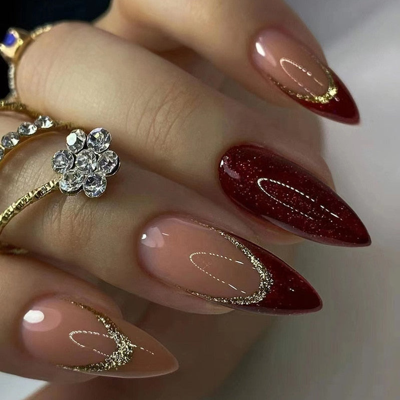 24pc detachable long Stiletto fake nails with Glitter designs french false nails with glue artificial press on nails almond long 464