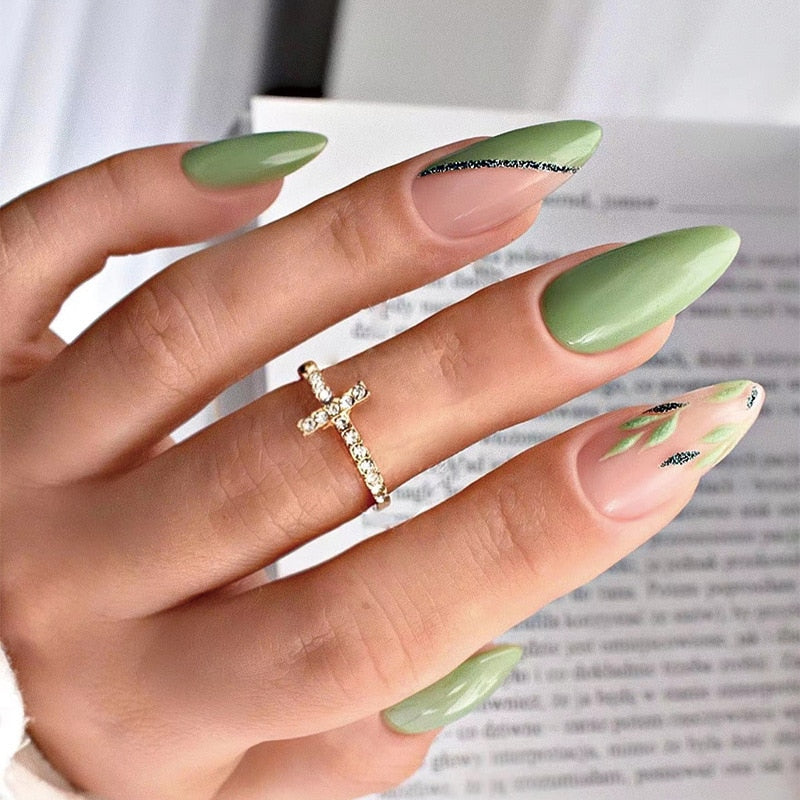 24pc detachable long Stiletto fake nails with Glitter designs french false nails with glue artificial press on nails almond long 1697
