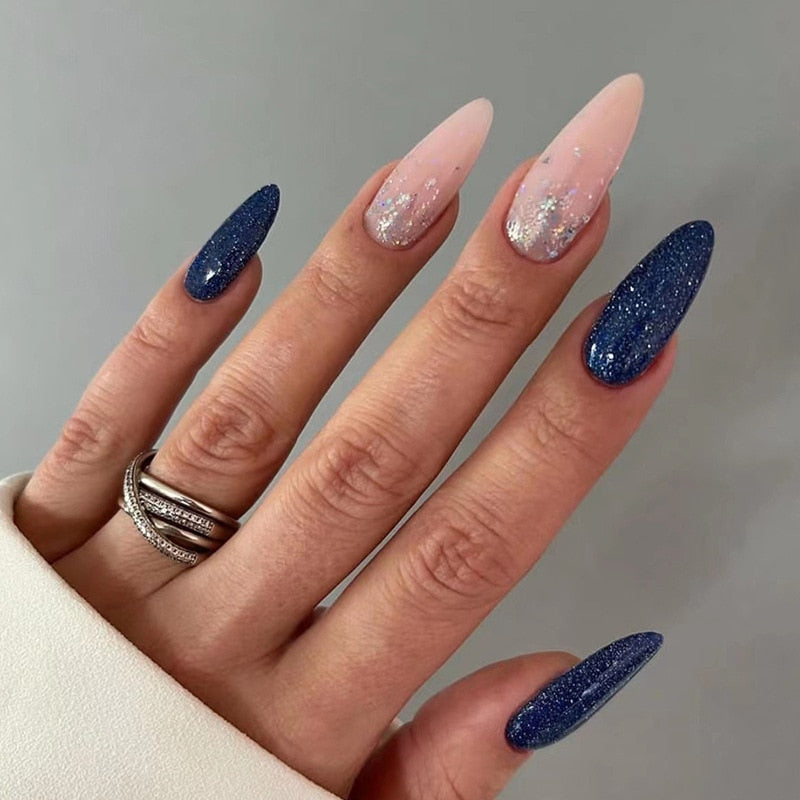 24pc detachable long Stiletto fake nails with Glitter designs french false nails with glue artificial press on nails almond long 836
