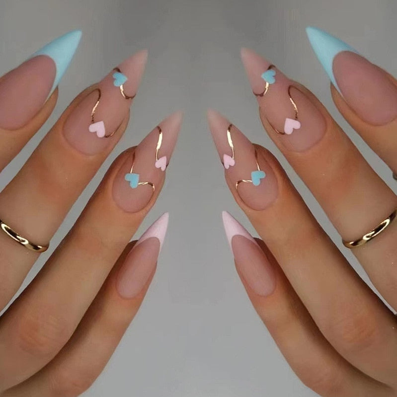 24pc detachable long Stiletto fake nails with Glitter designs french false nails with glue artificial press on nails almond long 319