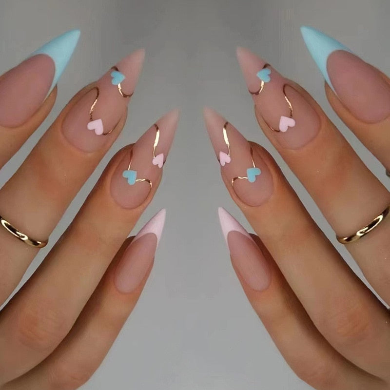 24pc detachable long Stiletto fake nails with Glitter designs french false nails with glue artificial press on nails almond long 319