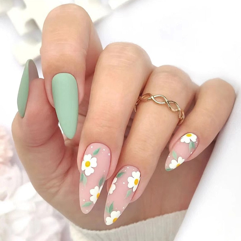 24pc detachable long Stiletto fake nails with Glitter designs french false nails with glue artificial press on nails almond long 487