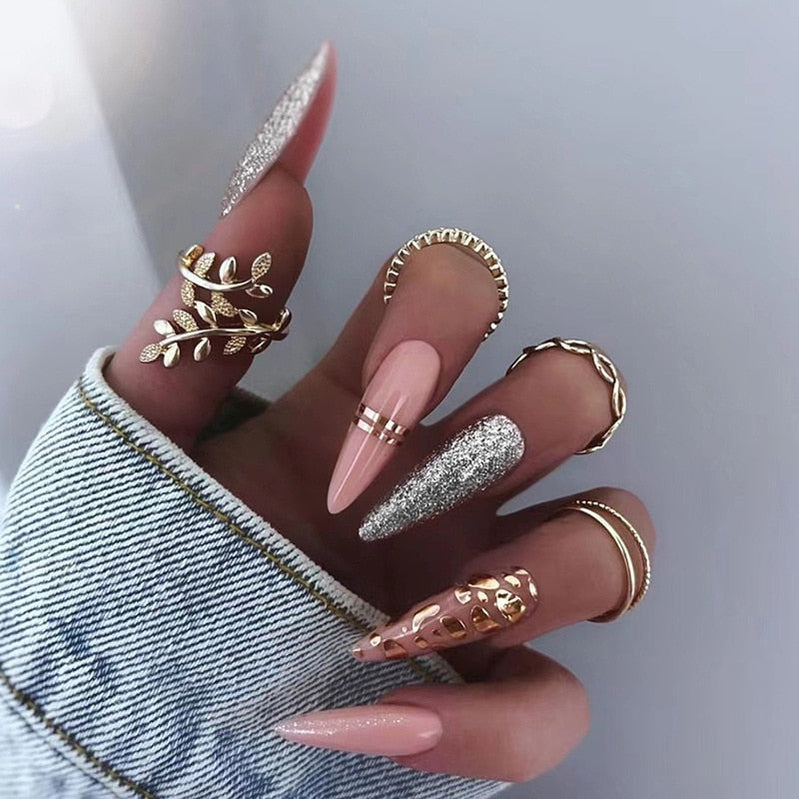 24pc detachable long Stiletto fake nails with Glitter designs french false nails with glue artificial press on nails almond long 764