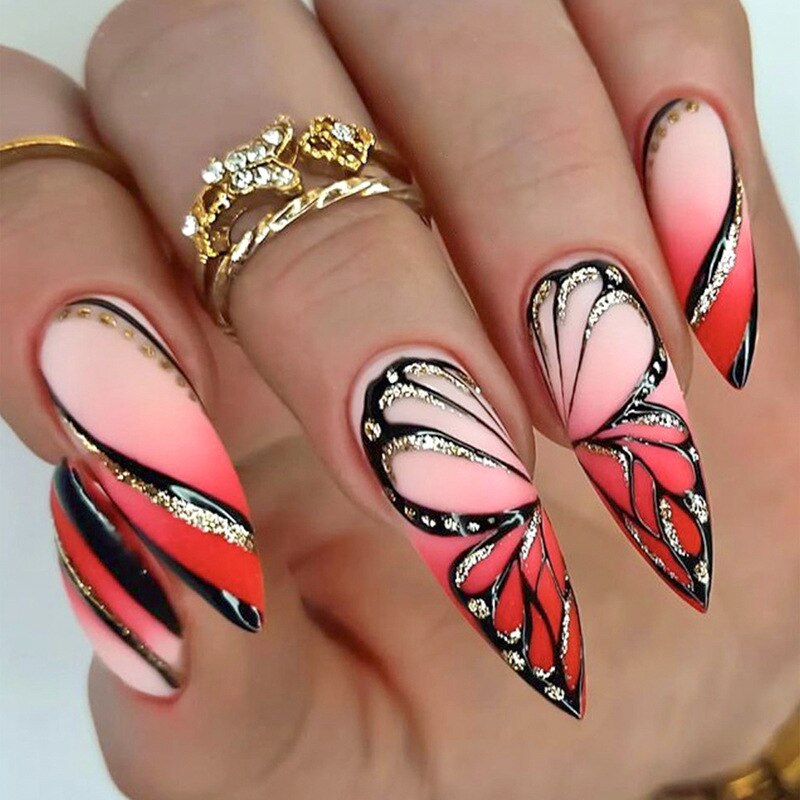 24pc detachable long Stiletto fake nails with Glitter designs french false nails with glue artificial press on nails almond long BKS1757