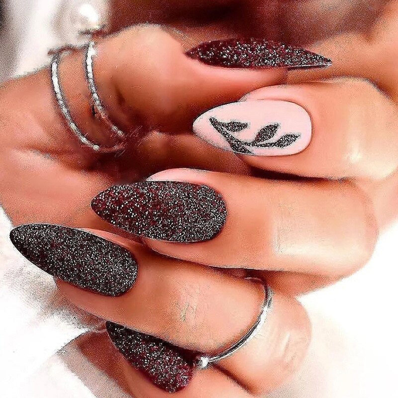 24pc detachable long Stiletto fake nails with Glitter designs french false nails with glue artificial press on nails almond long 919