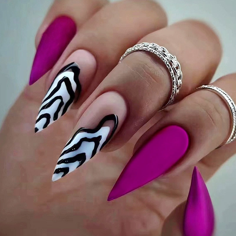 24pc detachable long Stiletto fake nails with Glitter designs french false nails with glue artificial press on nails almond long 662