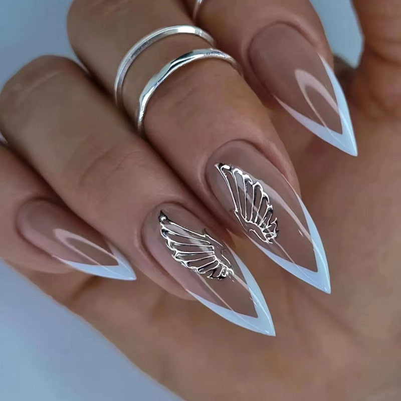 24pc detachable long Stiletto fake nails with Glitter designs french false nails with glue artificial press on nails almond long 408