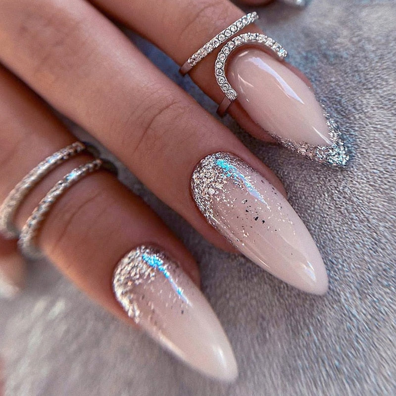 24pc detachable long Stiletto fake nails with Glitter designs french false nails with glue artificial press on nails almond long 817