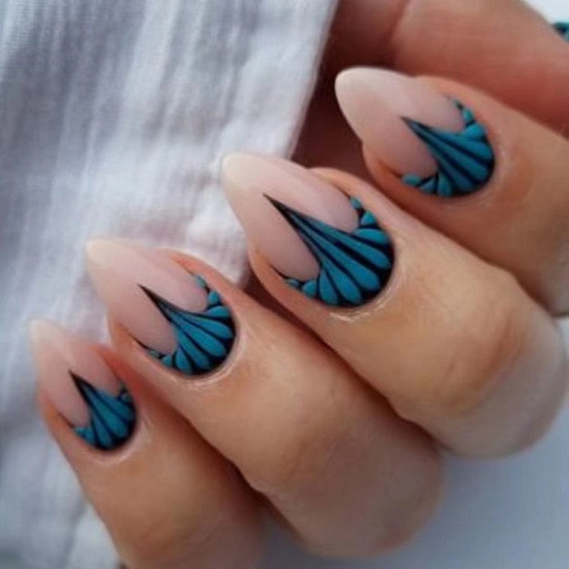 24pc detachable long Stiletto fake nails with Glitter designs french false nails with glue artificial press on nails almond long 906
