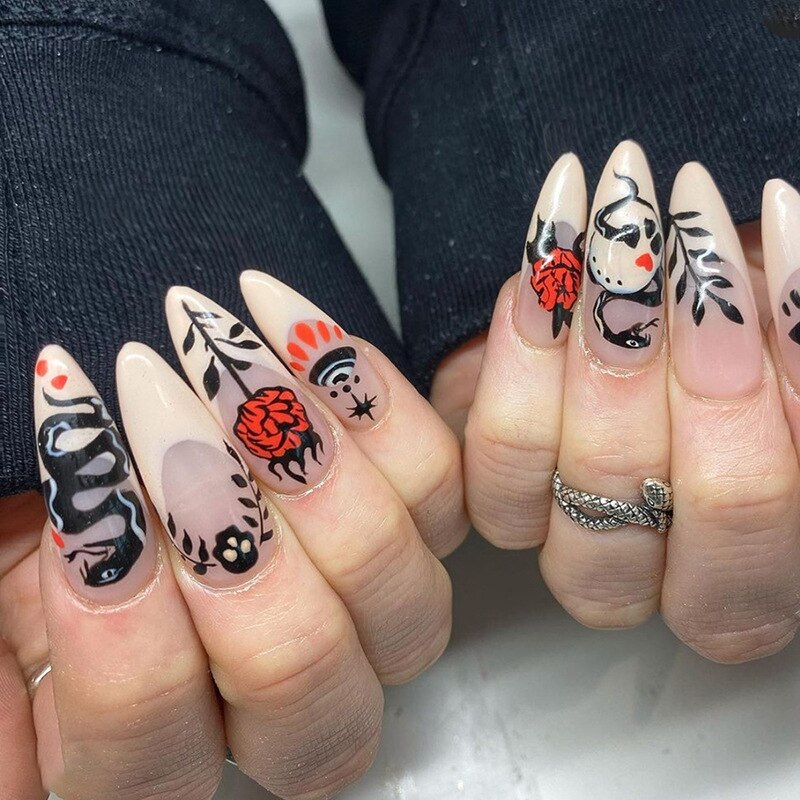 24pc detachable long Stiletto fake nails with Glitter designs french false nails with glue artificial press on nails almond long 774