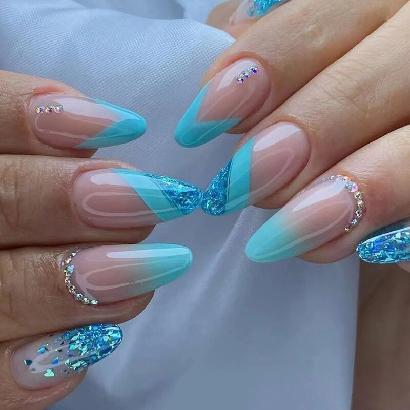 24pc detachable long Stiletto fake nails with Glitter designs french false nails with glue artificial press on nails almond long 670